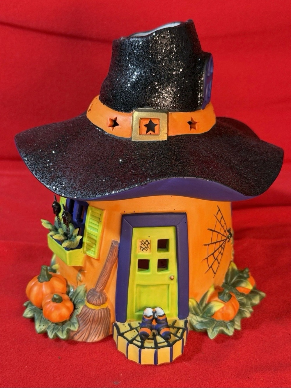 PartyLite Halloween Witch Hat House Ceramic Decor - Black, Orange, Purple, Green